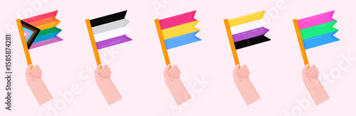 Set of hands holding different LGBTQ+ flags. Perfect for Pride Month, equality design, activism posters, stickers, and social media.