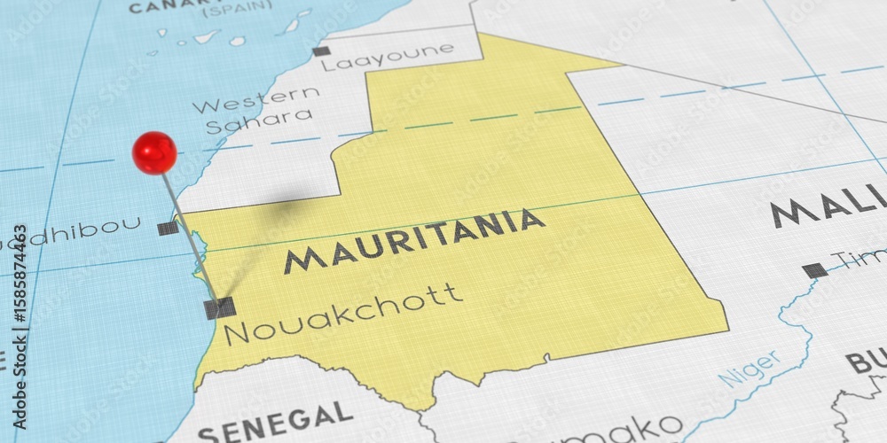 Obraz premium Mauritania, Nouakchott - push pin on political map - 3D illustration