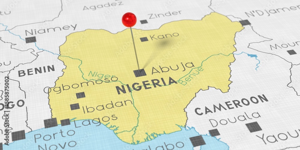 Obraz premium Nigeria, Abuja - push pin on political map - 3D illustration