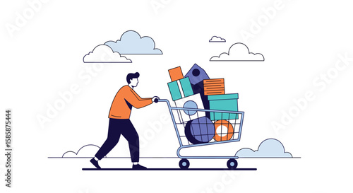 Customer pushing shopping cart filled with numerous boxes and packages with stylized clouds in the background creating an e-commerce concept