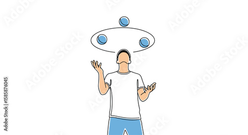 Skilled performer demonstrates mastery of ball juggling by keeping multiple objects in motion simultaneously above their head