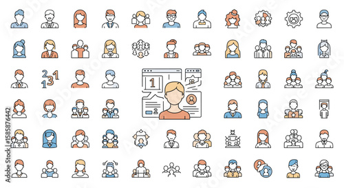Diverse collection of modern minimalist flat icons representing people and professions with a focus on professional and business contexts