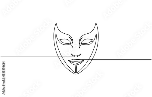 Greek theater mask drawn in continuous one line style representing comedy, theater humor smile mask one line continuous line art, Theater mask tragedy.