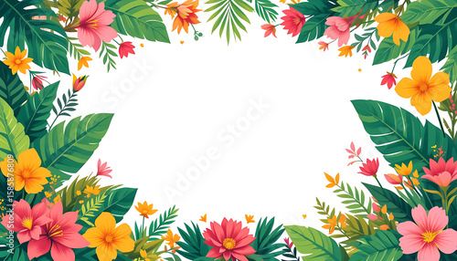 Vibrant Tropical Floral Border with Hibiscus and Palm Leaves.