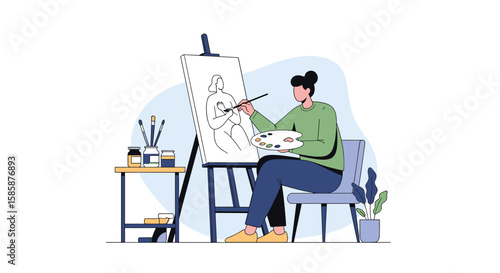Artist painting a picture on a canvas with a paintbrush and palette in a studio setting creative hobby and artistic inspiration