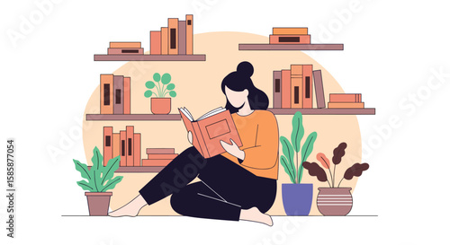 A woman relaxing and reading a book surrounded by potted plants and bookshelves in a cozy home environment