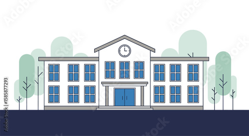Classic educational institution building facade with windows and clock tower surrounded by trees