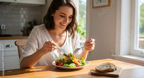 Foto sonriendo mujer joven con ensalada en casa
