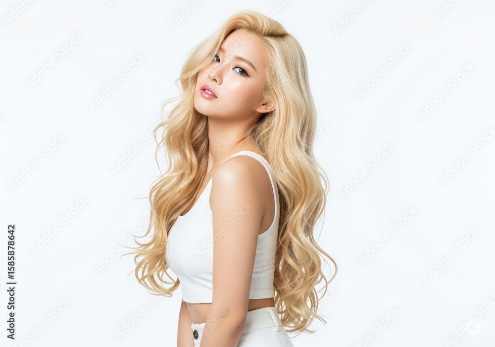 Obraz premium Attractive blonde Korean model with long wavy hair poses gracefully in strapless brown dress for beauty campaign, white background