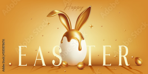 Luxury happy Easter card, banner, poster, greeting card, header web, hunt celebration design. Happy easter eggs banner background card. Template with golden eggs. Elegant easter. Realistic golden egg