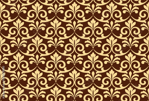 Wallpaper in the style of Baroque. Golden and brown floral ornament. Seamless vector background. Graphic pattern for fabric, wallpaper, packaging. Ornate Damask flower illustration