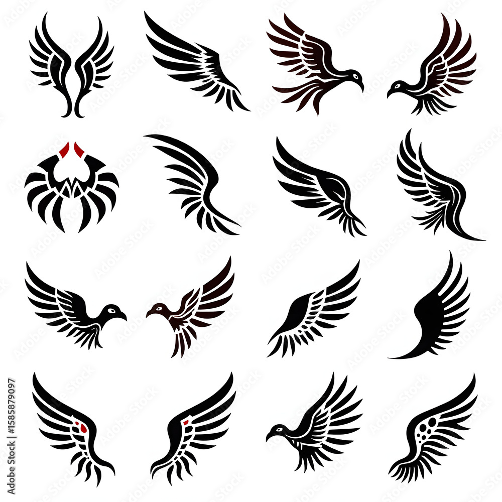 Fototapeta premium Black Silhouette Bird Wings Flying Icons Set