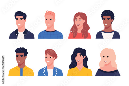 Diverse Portraits of Individuality: A collection of eight illustrated portraits, showcasing a variety of faces, each reflecting unique expressions, hairstyles, and skin tones.