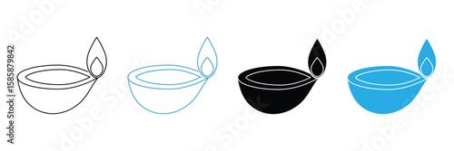 Diya flame blue style vector icon set for festive Indian celebration modern minimalist flat graphic design cultural light symbol.