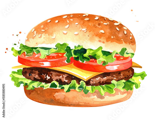Watercolor illustration of delicious hamburger with beef patty, lettuce, tomato, cheese and sesame seed bun