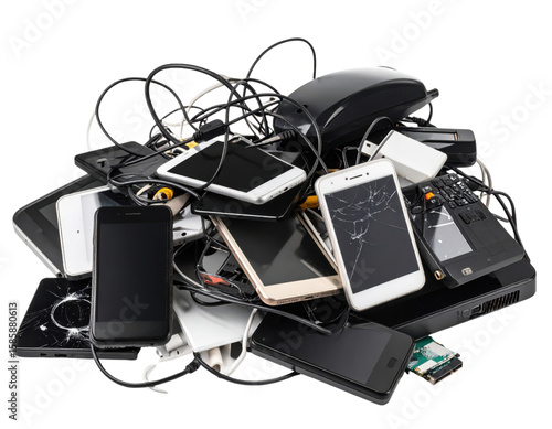 Pile of broken damaged old smartphones tablets and electronic devices with cracked screens and tangled cables representing e-waste technology disposal recycling concept