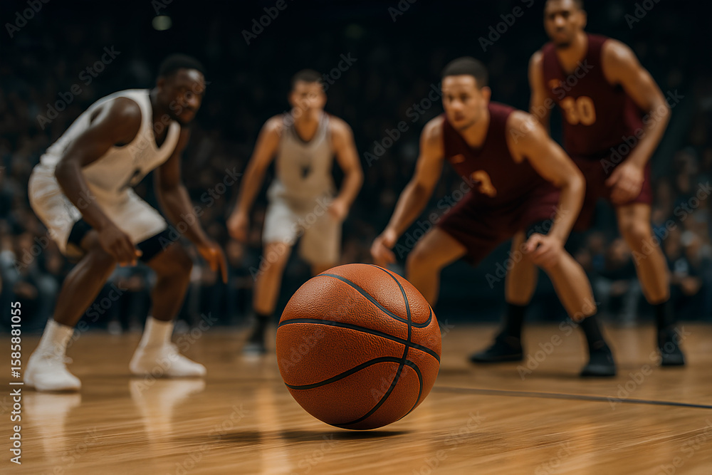 Fototapeta premium Basketball Game Intensity with Players Focused on Loose Ball
