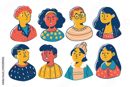 Diverse Portrait Collection: A vibrant collection of hand-drawn portraits, capturing a spectrum of unique individuals and styles. Each face tells a story of identity, personality, and diversity.