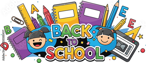 A vibrant back to school illustration featuring colorful school supplies like notebooks, pencils, crayons, and rulers, alongside cheerful cartoon girl characters, creating a fun, educational design.