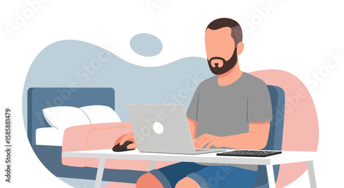A faceless man with a beard is working on a laptop at home, sitting at a desk with a bed in the background in a modern, stylized illustration.