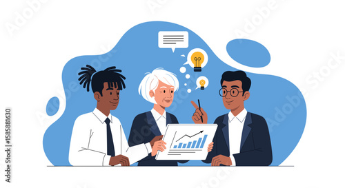 Three diverse business professionals collaborate on a project, analyzing data and sharing innovative ideas in a modern flat illustration style.