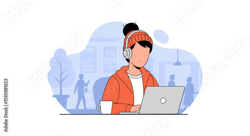 A young woman wearing headphones works on her laptop in a modern, minimalist office setting, enjoying a warm beverage while multitasking.