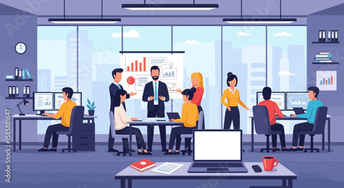 A diverse team collaborates in a modern office, with a presentation being given in front of a large window, fostering teamwork and business growth.