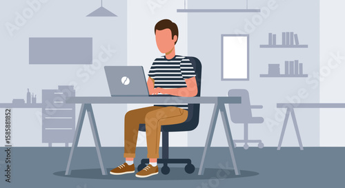 A young man sits at a minimalist desk in a modern office, focused on his laptop, illustrating remote work, concentration, and modern business.
