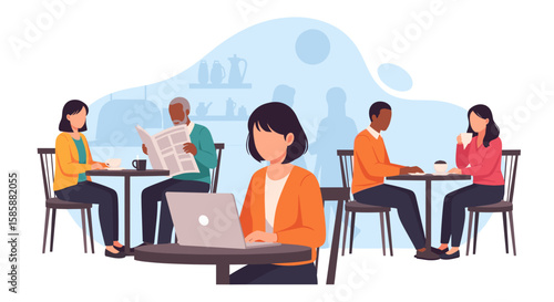 Diverse individuals engage in various activities, from remote work on a laptop to leisurely reading and social interaction, within a vibrant cafe setting.