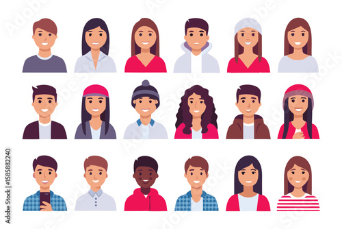 Portraits of Harmony: a group of diverse smiling face portraits, illustrating inclusivity, connection, and individuality, each person radiating their unique personality.