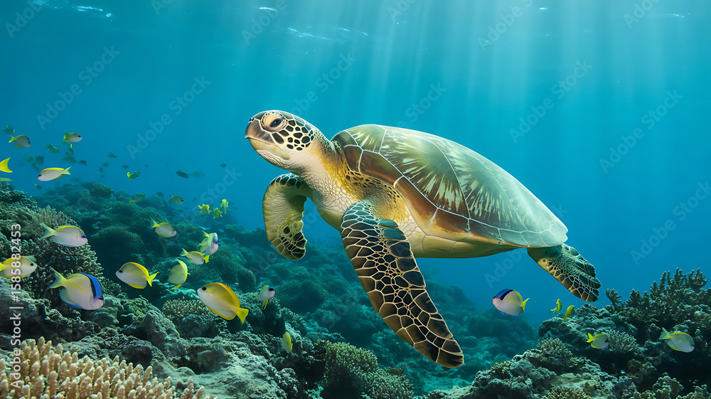 Fototapeta premium Majestic Sea Turtle Gliding Gracefully Through Turquoise Waters Among Vibrant Coral Reefs and Schools of Colorful Fish A Breathtaking Underwater Scene