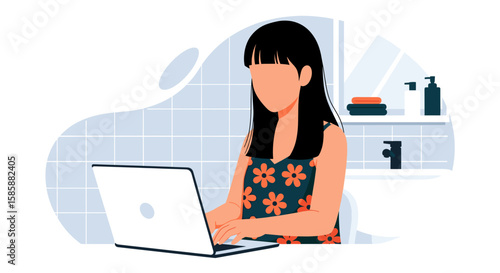 A young woman with dark hair is focused on typing on her laptop, depicted in a modern flat illustration style, suggesting remote work or study.