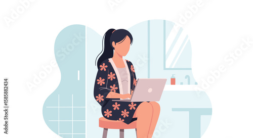 A modern flat illustration depicts a young woman comfortably working on her laptop from home, showcasing remote productivity and digital lifestyle.