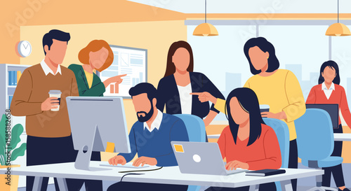 A diverse team of young professionals collaborates on a project in a modern, brightly lit office space, showcasing teamwork and innovation.