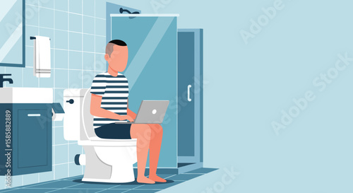 An illustrative depiction of a young man sitting on a toilet in a modern bathroom, engrossed in using his laptop for work or leisure.