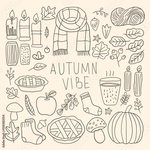 Autumn season line doodle set with cute icons: scarf, candles, apple, pie, socks, and pumpkin. Great for seasonal design kits, invites, social media ,prints, and greeting cards. Vector illustration