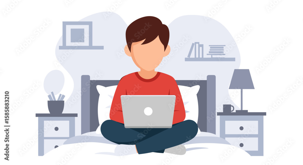 Fototapeta premium A faceless young man sits cross-legged on his bed, working on a laptop, depicting remote work, freelancing, or online education in a modern setting.