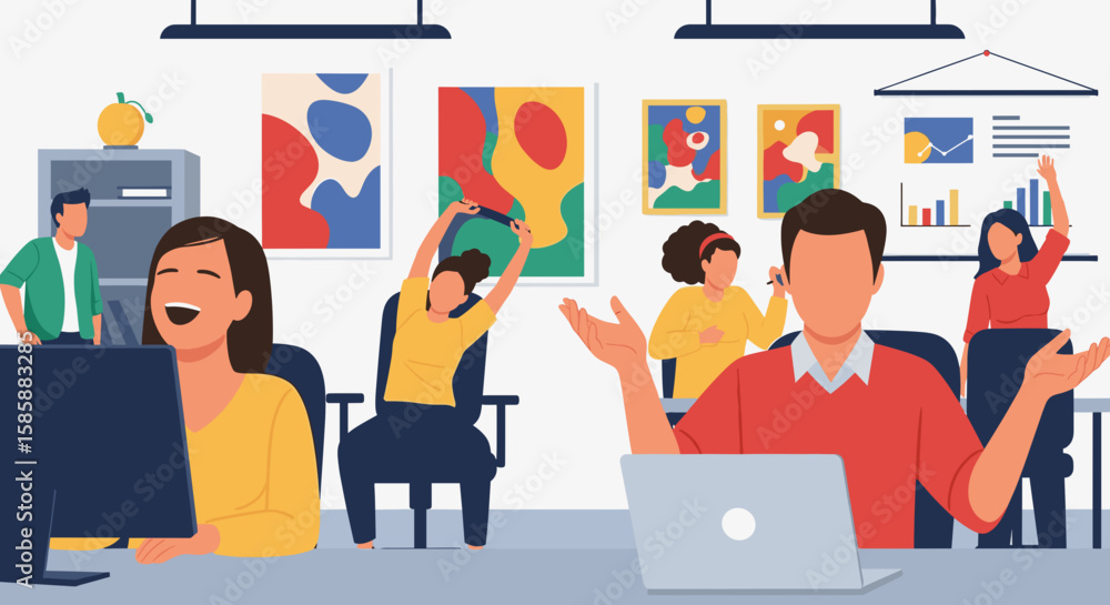 Diverse team members enjoying a positive and energetic work environment, engaging in activities and collaboration.