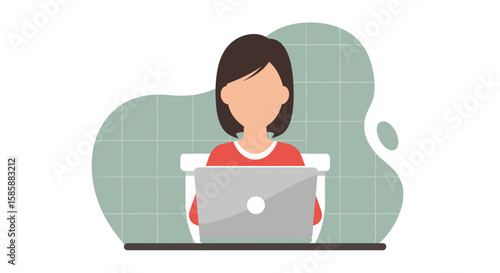 Woman sitting on toilet working on laptop, modern flat illustration representing remote work or multitasking in unusual places.