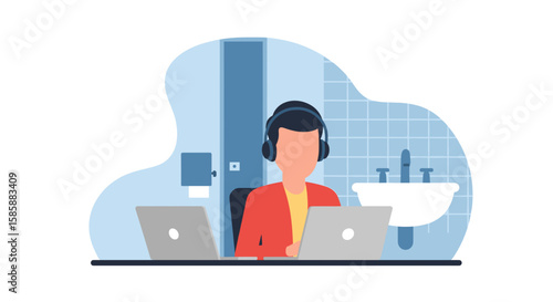 Focused individual works remotely on laptops in a clean, modern bathroom setting with headphones on.