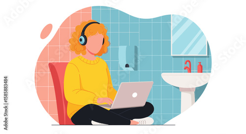 A young woman with curly hair sits cross-legged, wearing headphones and using a laptop in a bathroom, with a mirror and sink visible, representing remote work.