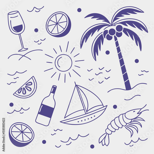 Hand-drawn tropical pattern with fruity drinks, palm trees, boats, and coconuts. Seamless vacation illustration perfect for creative summer designs, lifestyle prints, and branding visuals.

