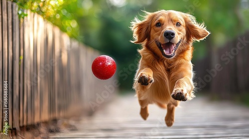 Golden Retriever dog in mid-air, chasing a red ball