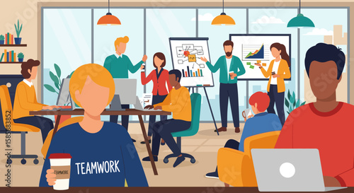 A diverse team collaborates on a project in a modern, brightly lit office space, showcasing teamwork and innovative ideas through brainstorming and presentations.