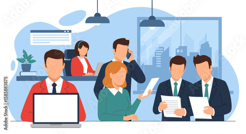 Diverse team of professionals collaborating in a modern office, discussing reports and working on laptops, showcasing teamwork and a dynamic work environment in a flat vector style.