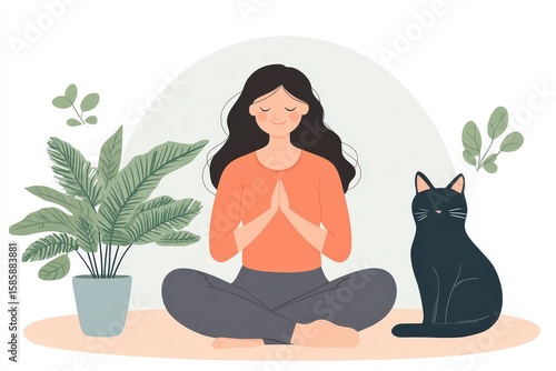 Peaceful Woman Meditating with Black Cat and Houseplants