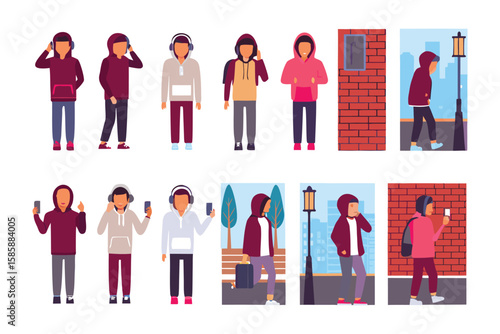 Youthful Individuality: A stylized depiction of teenagers, each distinct in attire, absorbed in the digital world with a myriad of expressions.