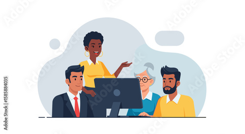 A diverse group of colleagues engages in a collaborative discussion around a computer, showcasing modern teamwork and office interaction.