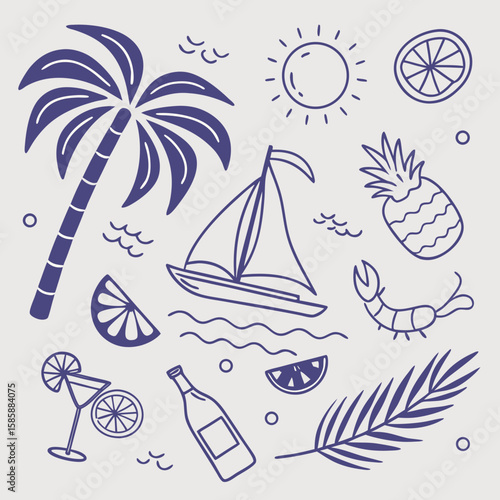 Cute tropical summer design with fruity drinks, boats, and palm trees. Hand-drawn line art icons in a seamless pattern for lifestyle branding, packaging, and seasonal illustration projects.

