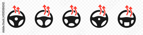 Heated steering wheel icon collection. Set of car steering wheel symbols with red arrows indicating heating system